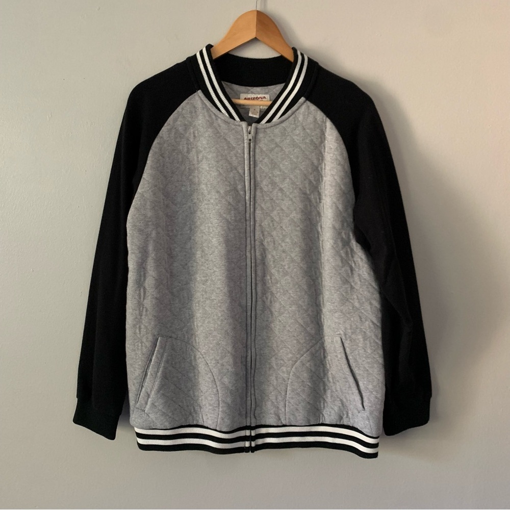 Arizona Jean Gray Black Stripe Varsity Quilted Zip Up Jacket Size XL Preppy Y2K